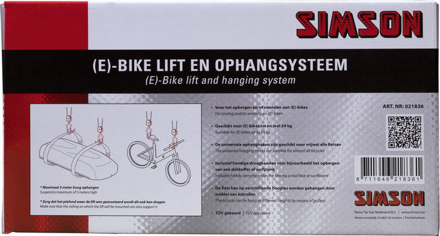 Simson Fietslift ophangsysteem - sterk - tot 54 kg - 3 meter hoogte - E-Bike - TÜV