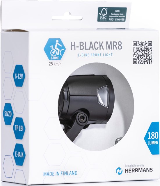 Headlight Herrmans H-Black MR8 E 6-12 Volt - with bracket - 180 lumen