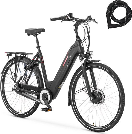 Amslod Newton F-LV Elektrische Fiets - Maat L (58 cm) - Jet Black - 540Wh accu + ABUS Iven Chain 8210 110cm slot - Comfort Flow collectie